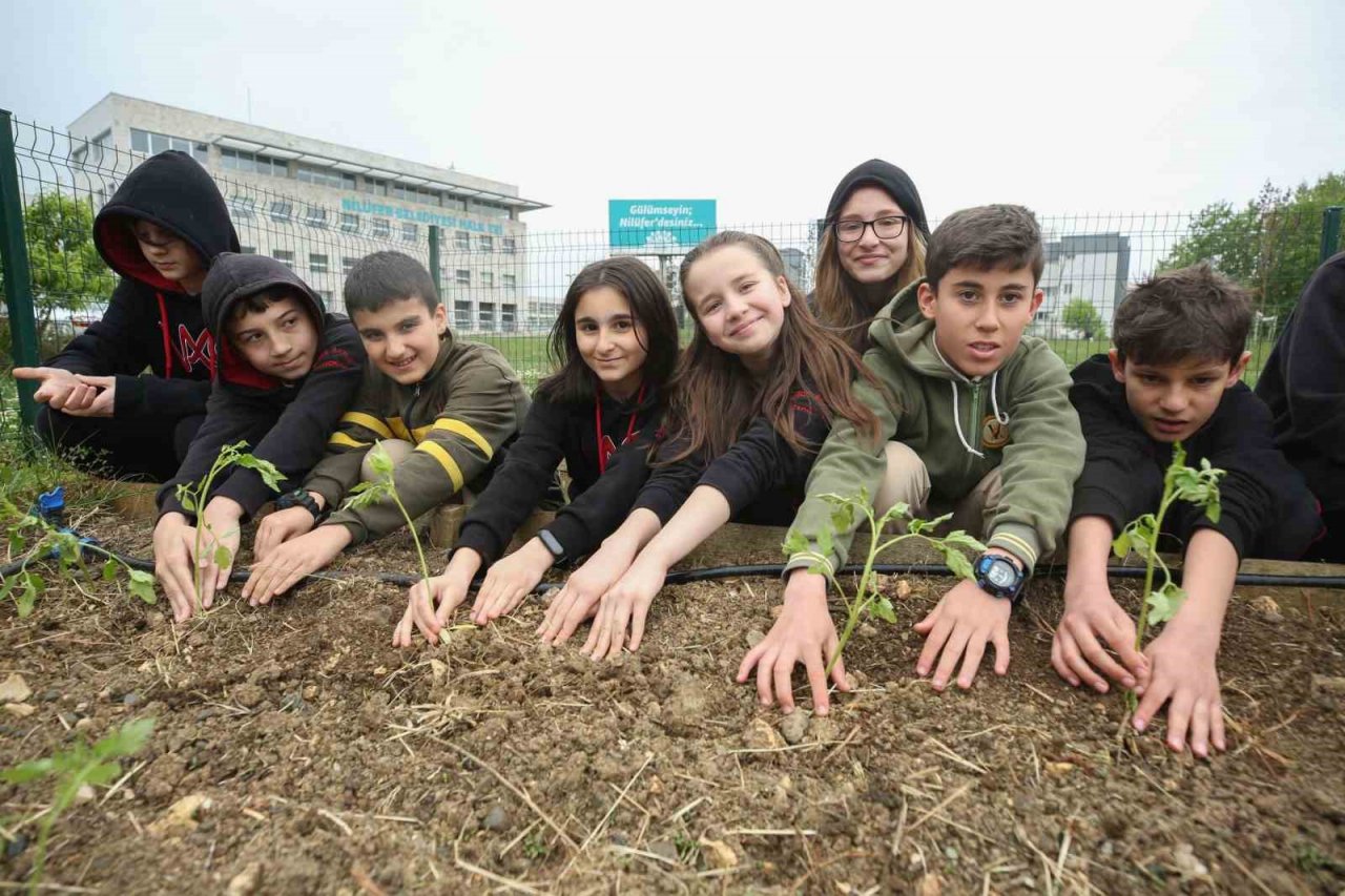 Nilüfer’de öğrenciler Mini Bostan’da fide dikti