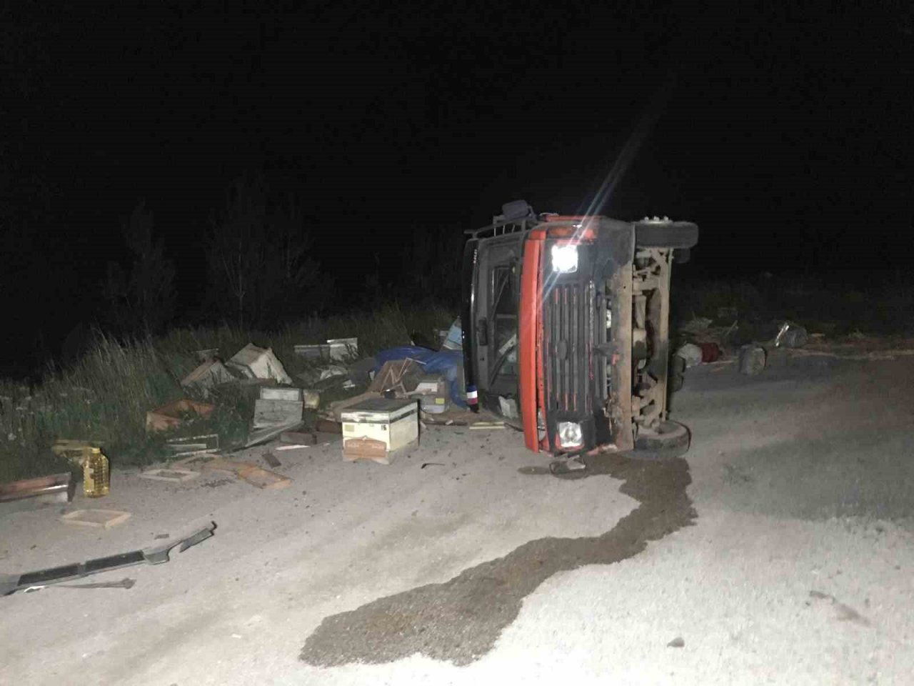 Arı kovanı yüklü pikap yan yattı, 60 kovan arı telef oldu
