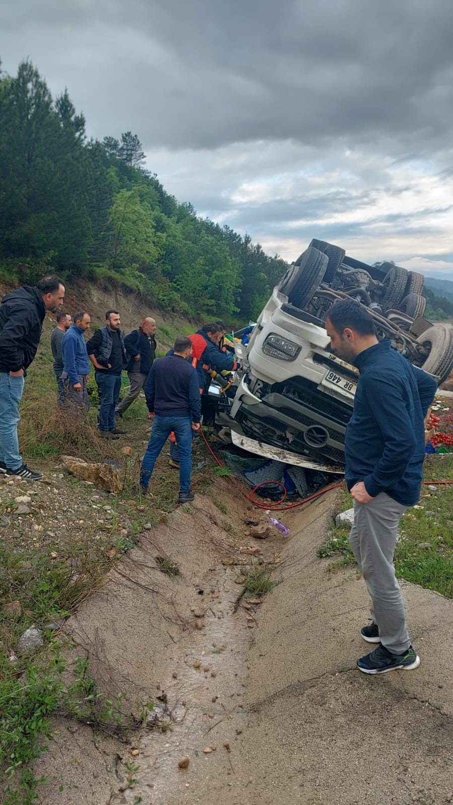 Sebze yüklü kamyon devrildi, sürücüsü yaralandı
