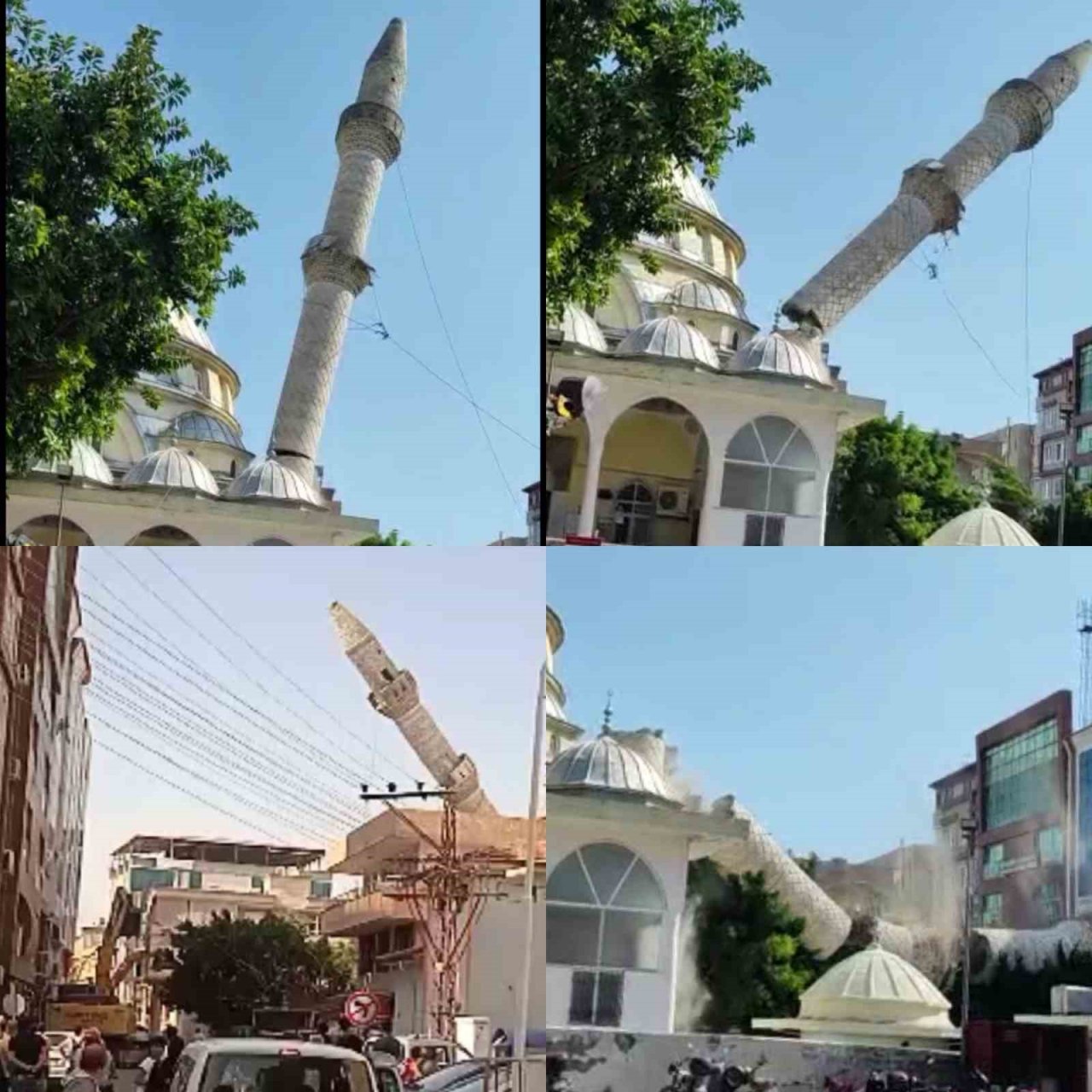 Kontrollü yıkılan minare kamyon ve iş yerlerine zarar verdi