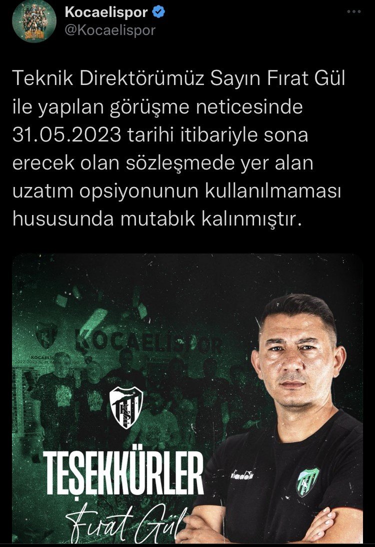 Kocaelispor’da Teknik Direktör Fırat Gül ile yolların ayrılmasına karar verildi