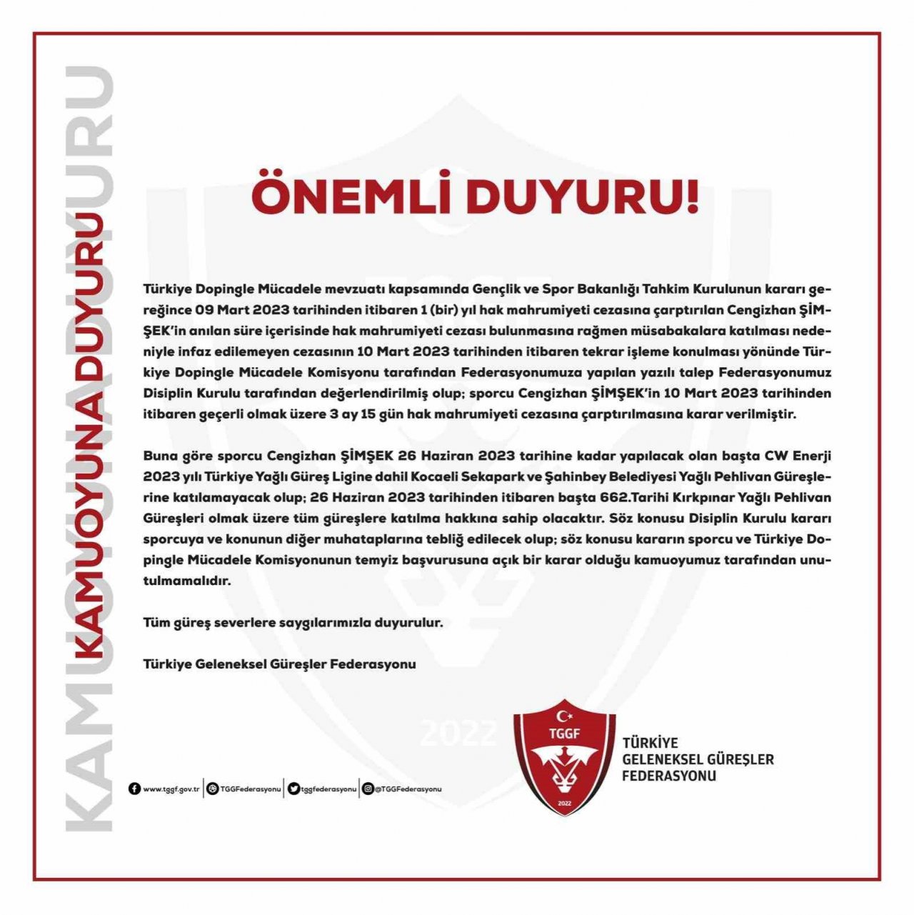 Başpehlivan Cengizhan Şimşek’e 3 ay hak mahrumiyeti cezası