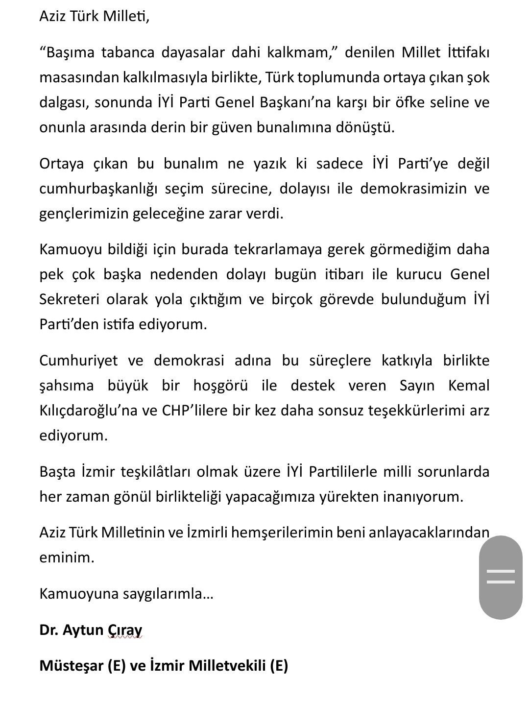 İYİ Parti Kurucu Genel Sekreteri Çıray, partisinden istifa etti