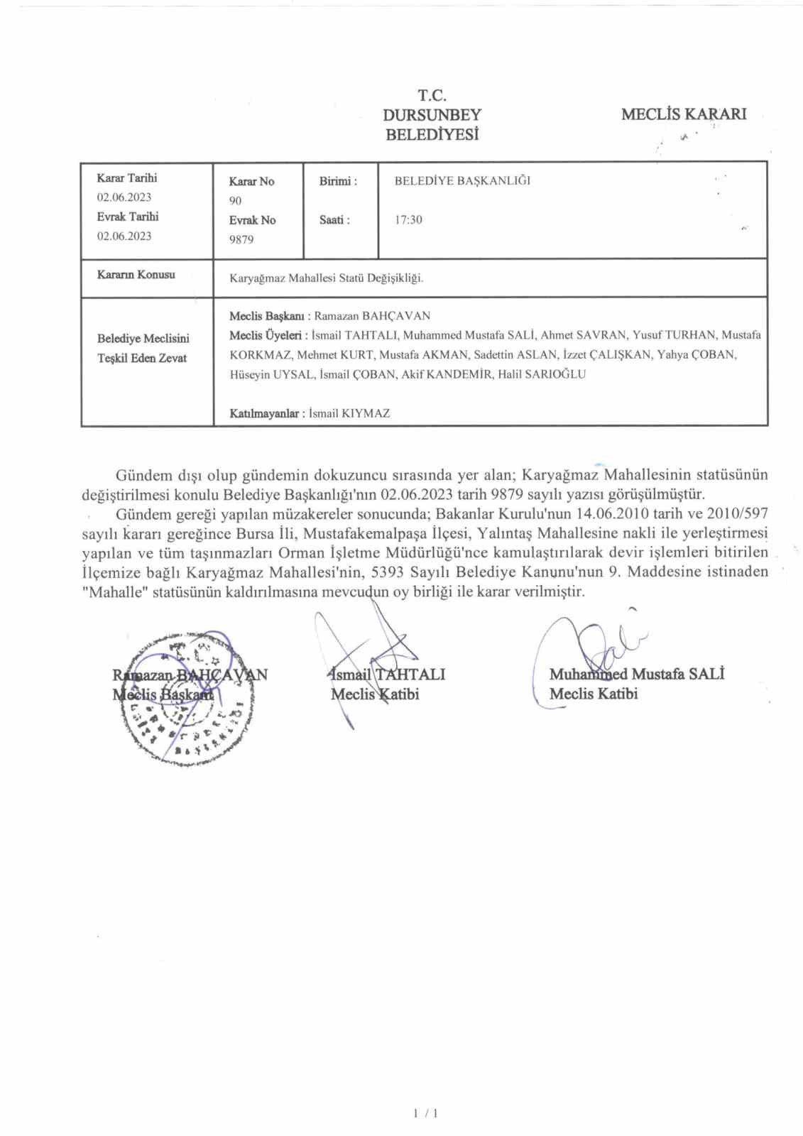 Karyağmaz Mahalle Statüsünden Çıkarıldı