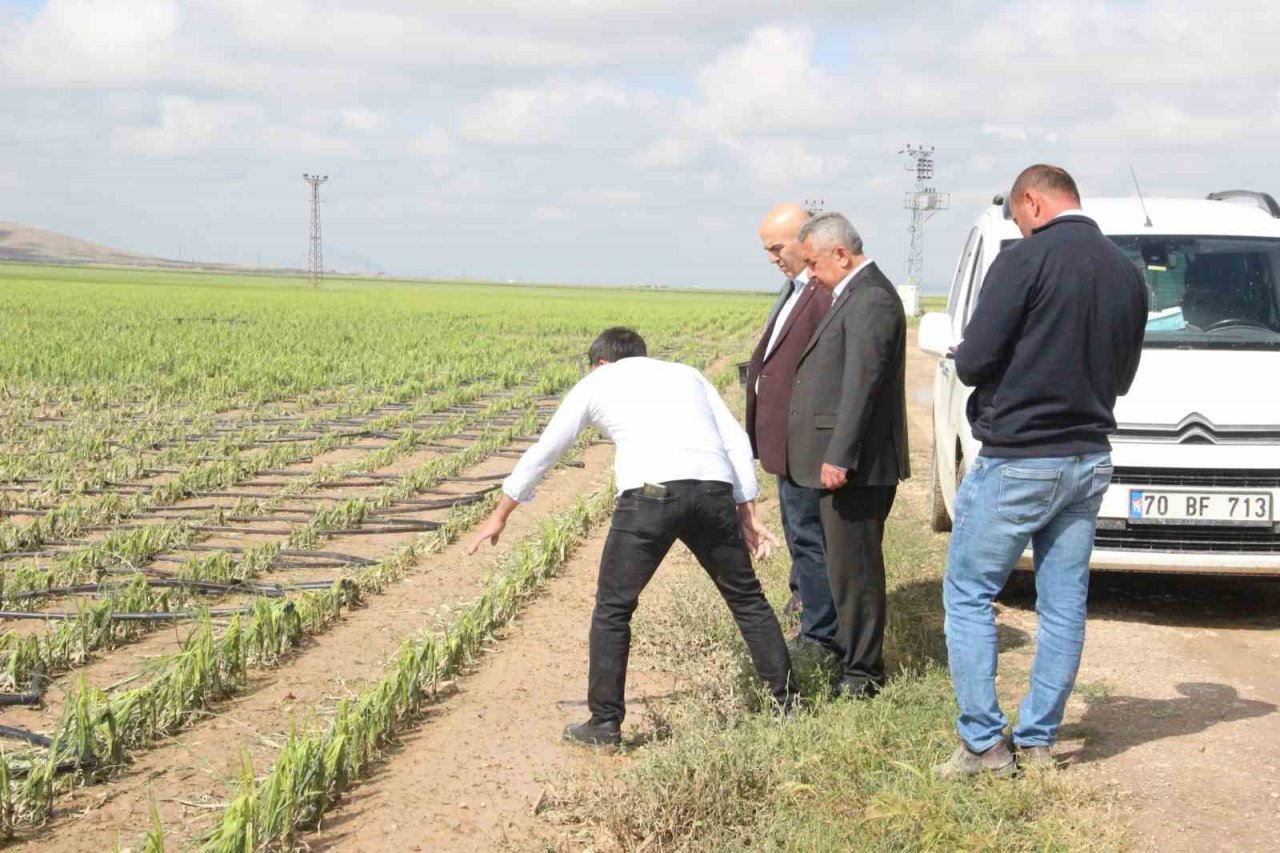 Karaman’da dolu ekili arazilere zarar verdi, tarlalar kış mevsimi gibi beyaza büründü