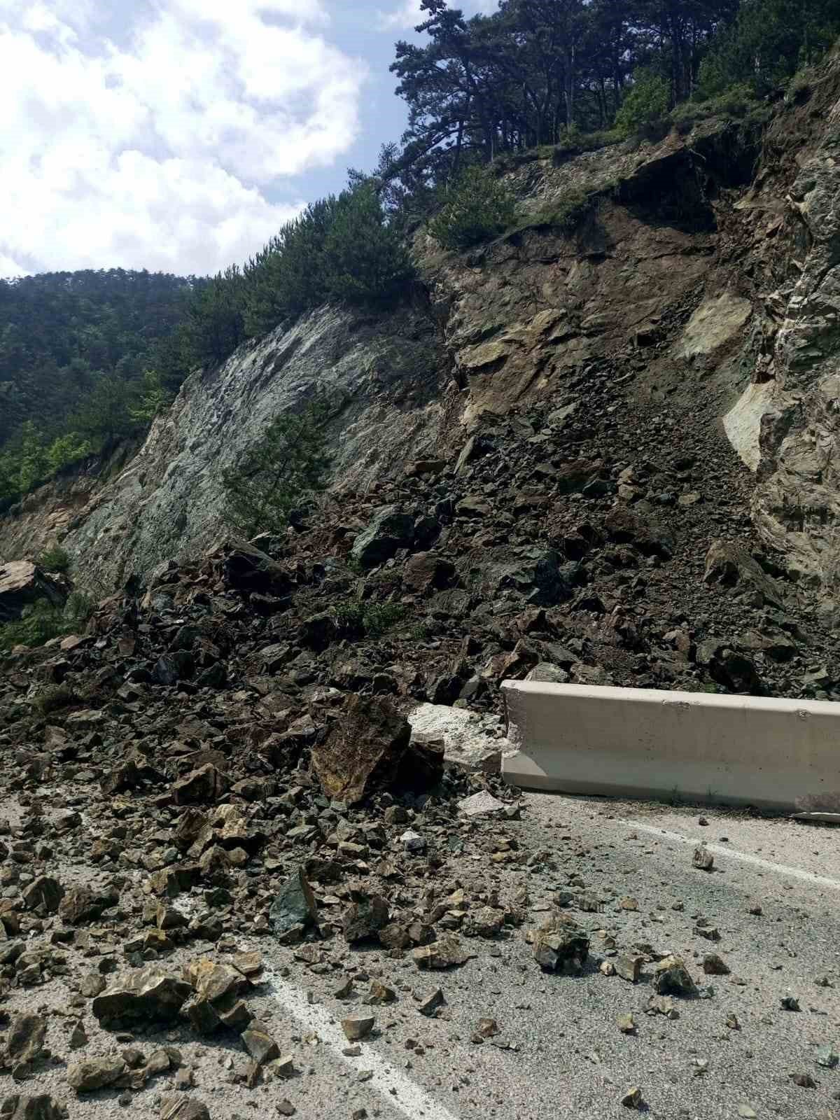 Heyelan nedeniyle dağdan kopan kaya parçaları yolu kapattı