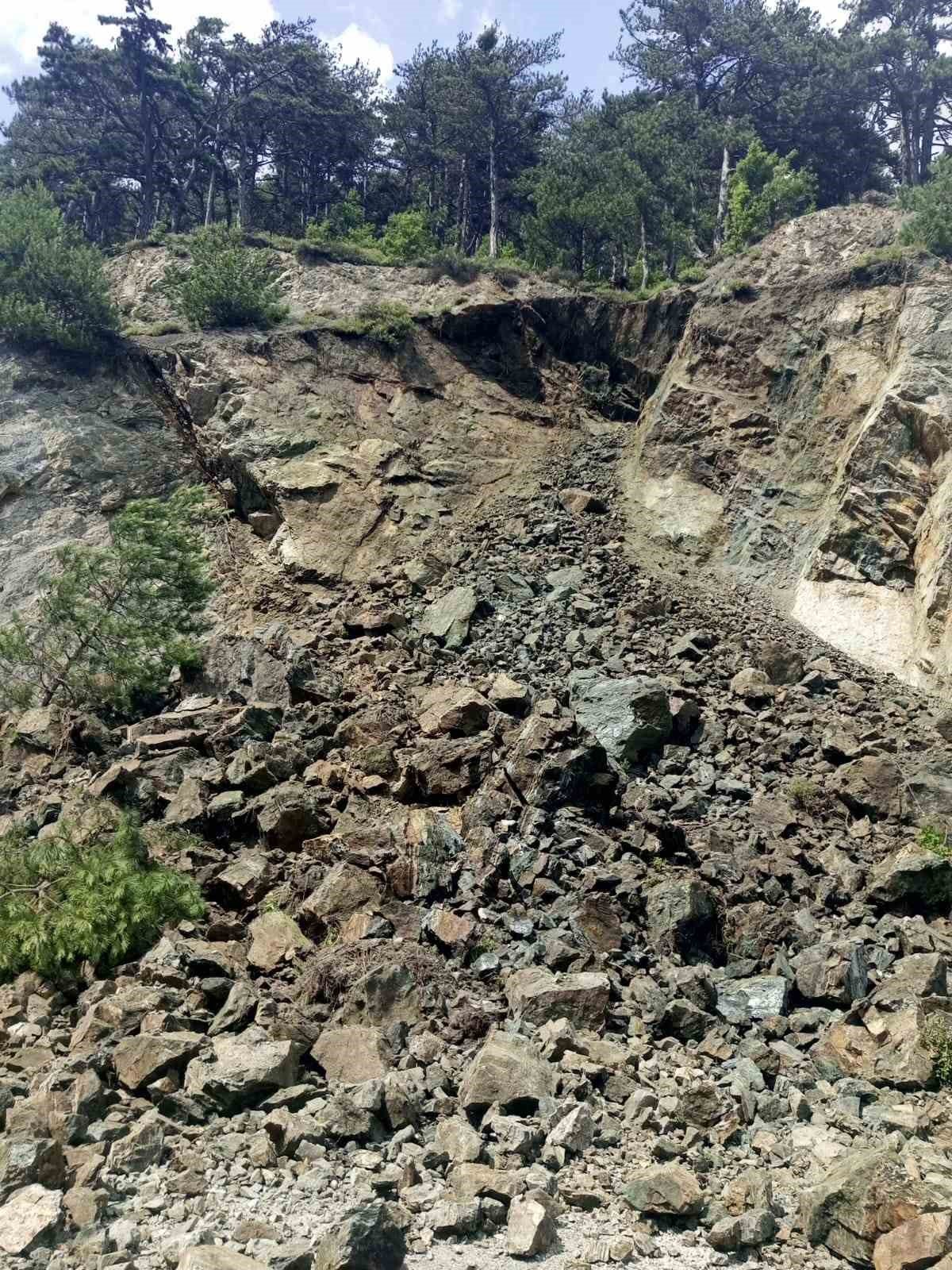 Heyelan nedeniyle dağdan kopan kaya parçaları yolu kapattı