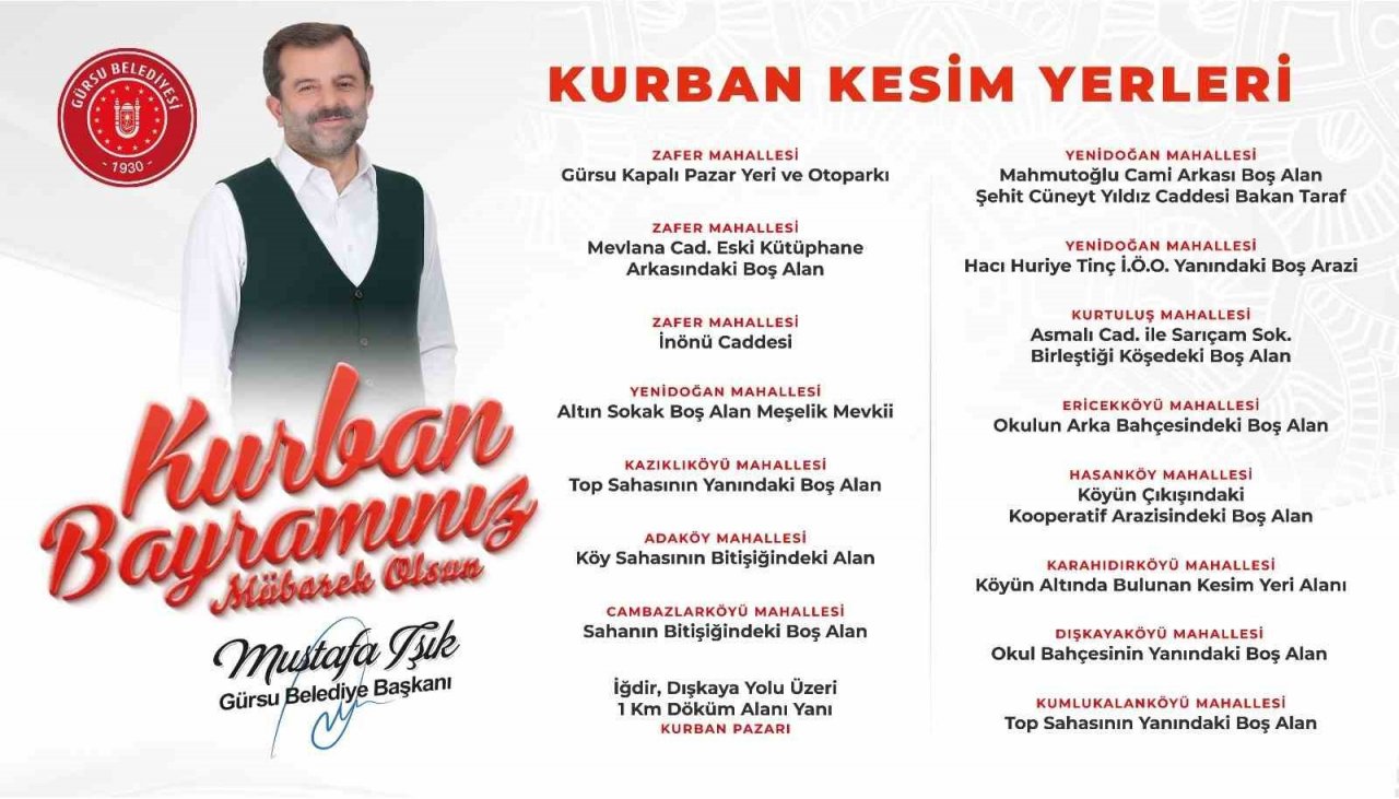 Gürsu’da kurban kesim alanları belli oldu