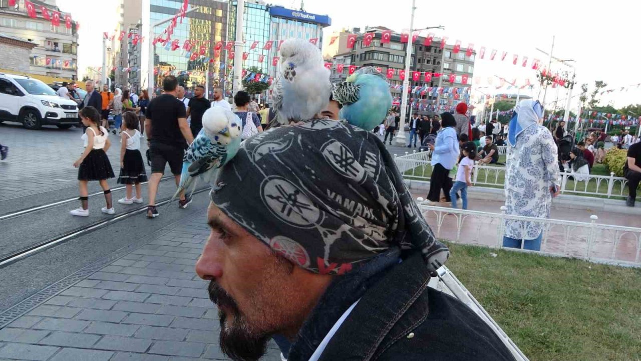 Başında gezdirdiği 3 muhabbet kuşuyla Taksim’de ilgi odağı oldu