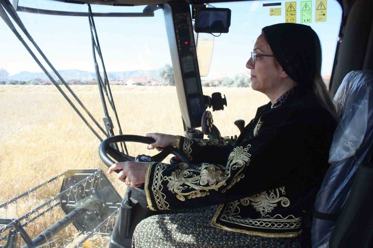 Milletvekili şalvar giydi, biçerdöver ile ekin biçti