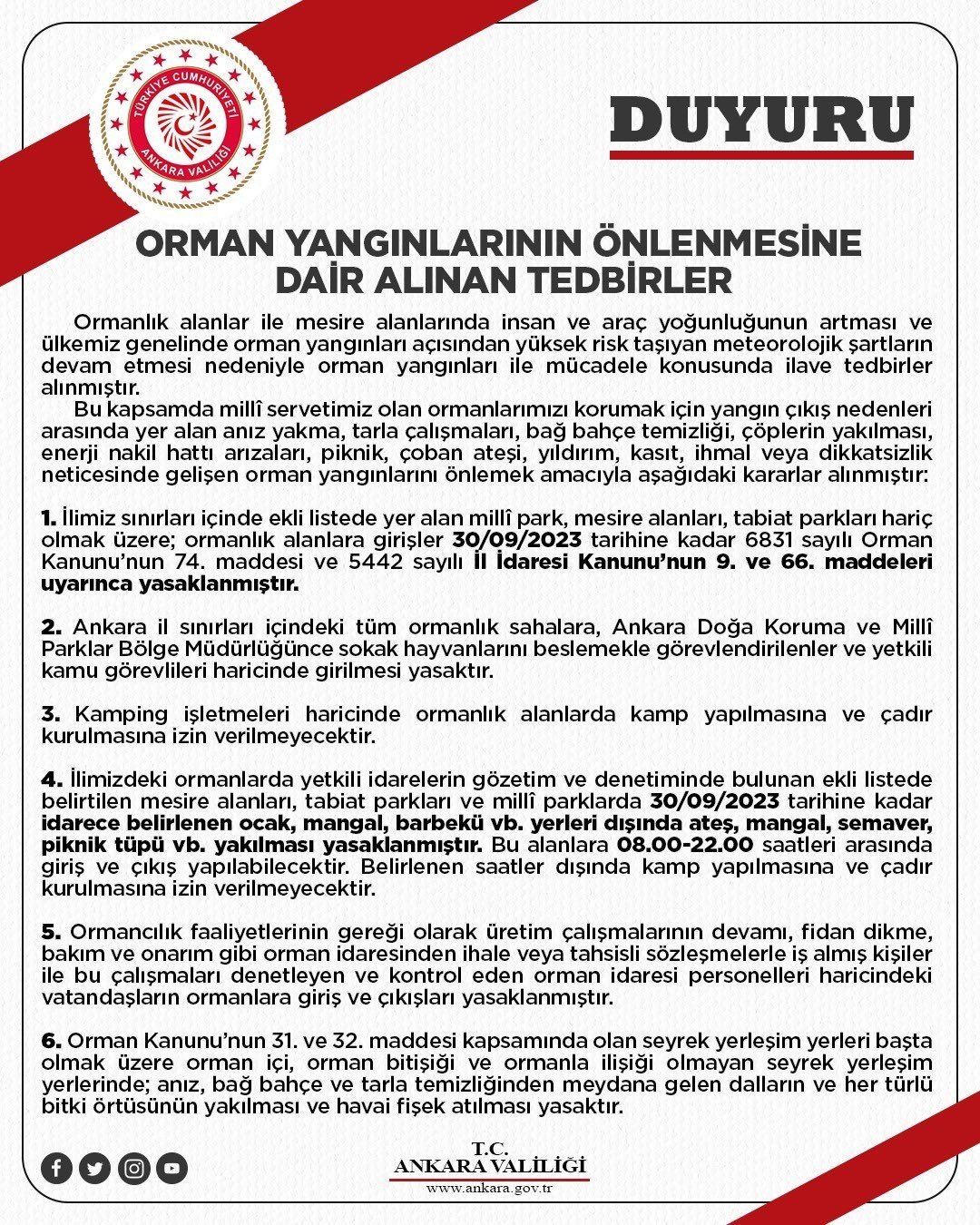 Ankara’da ormanlık alanlara girişler 30 Eylül’e kadar yasaklandı