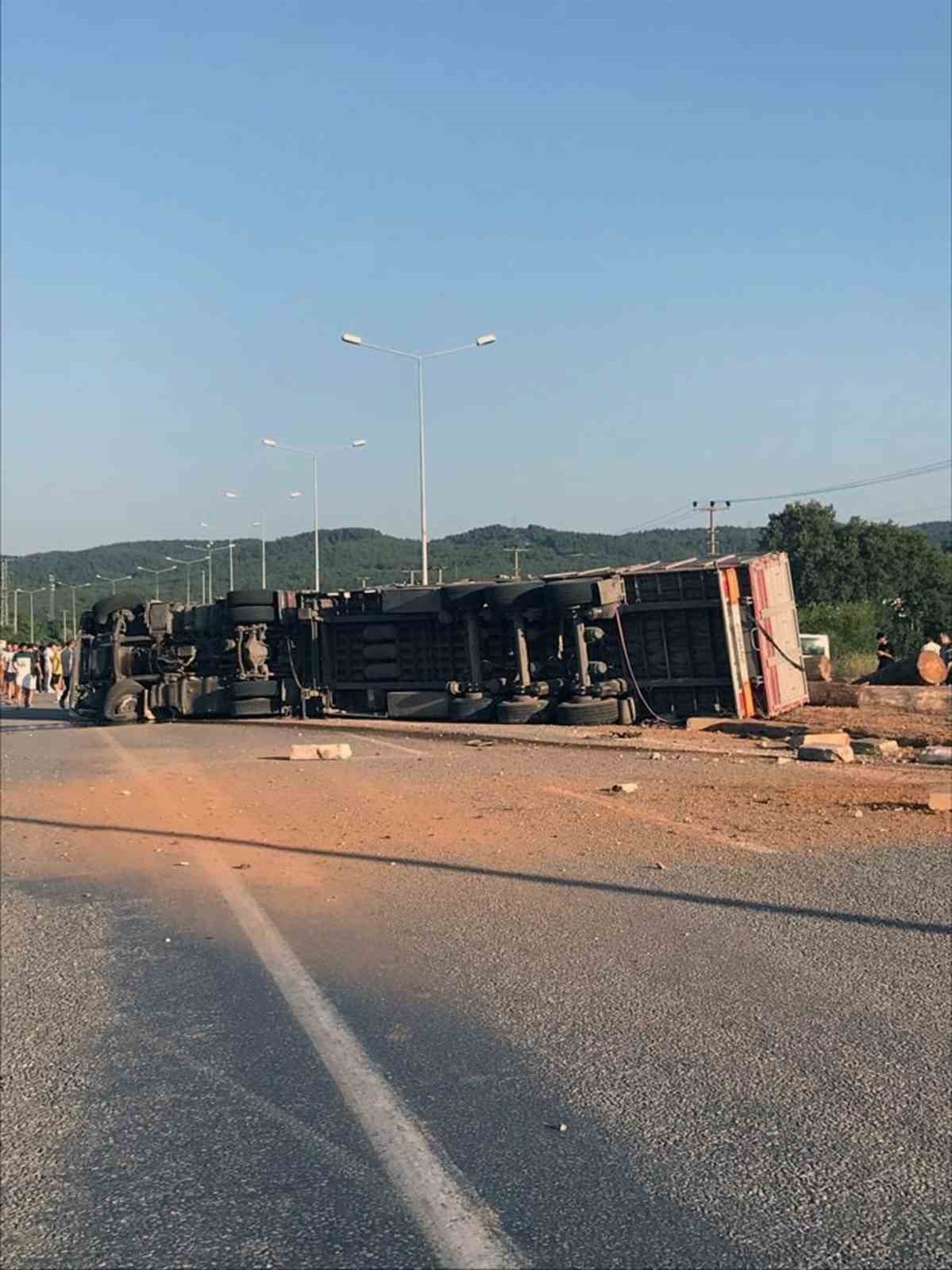 Tomruk yüklü tır devrildi, tomruklar yola saçıldı