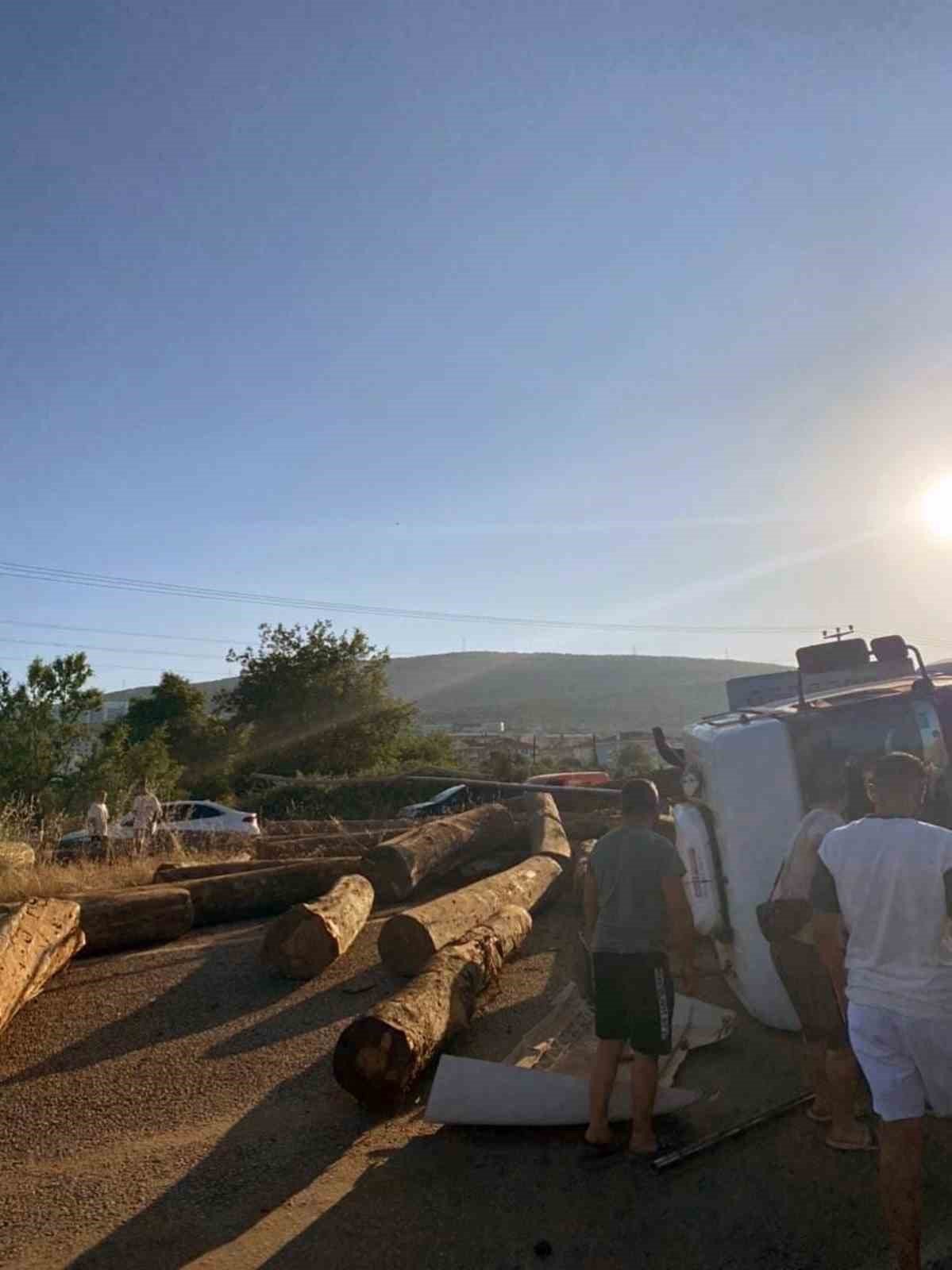 Tomruk yüklü tır devrildi, tomruklar yola saçıldı