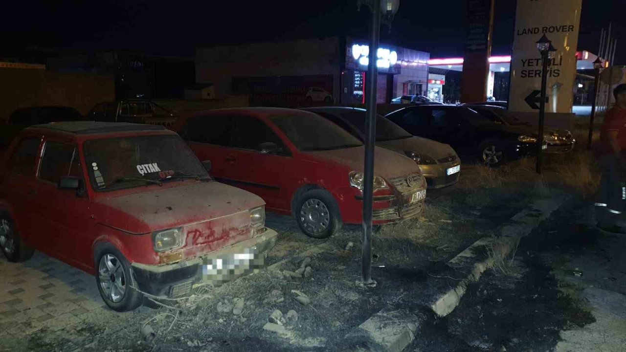 Yol kenarında çıkan ot yangınında park halindeki araçlar zarar gördü
