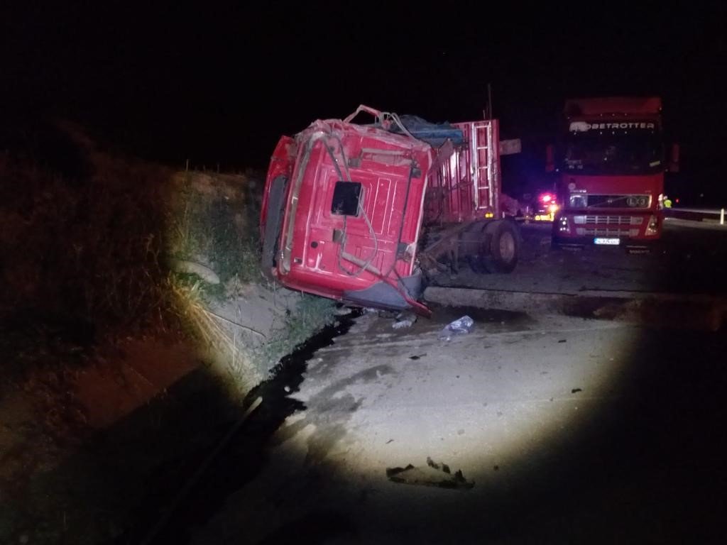 Gediz’de tomruk yüklü tır devrildi: 1 yaralı