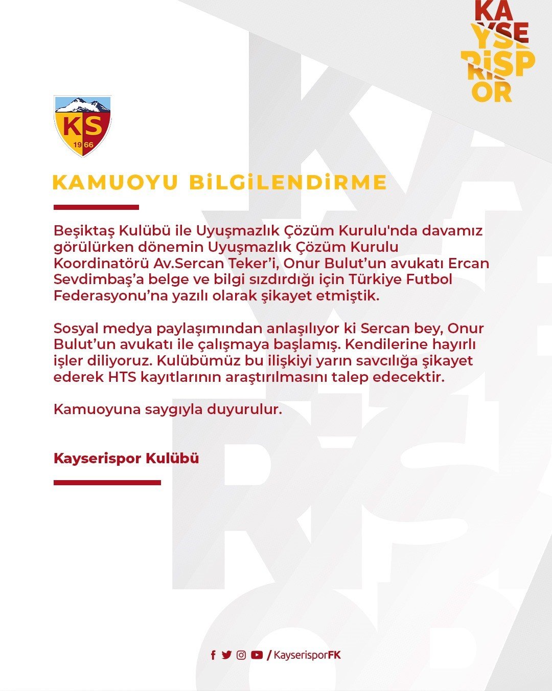 Kayserispor Kulübü savcılığa başvuruyor