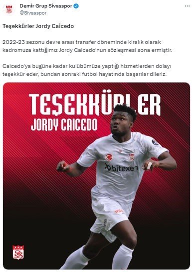 Sivasspor, Jordy Caicedo’ya teşekkür etti