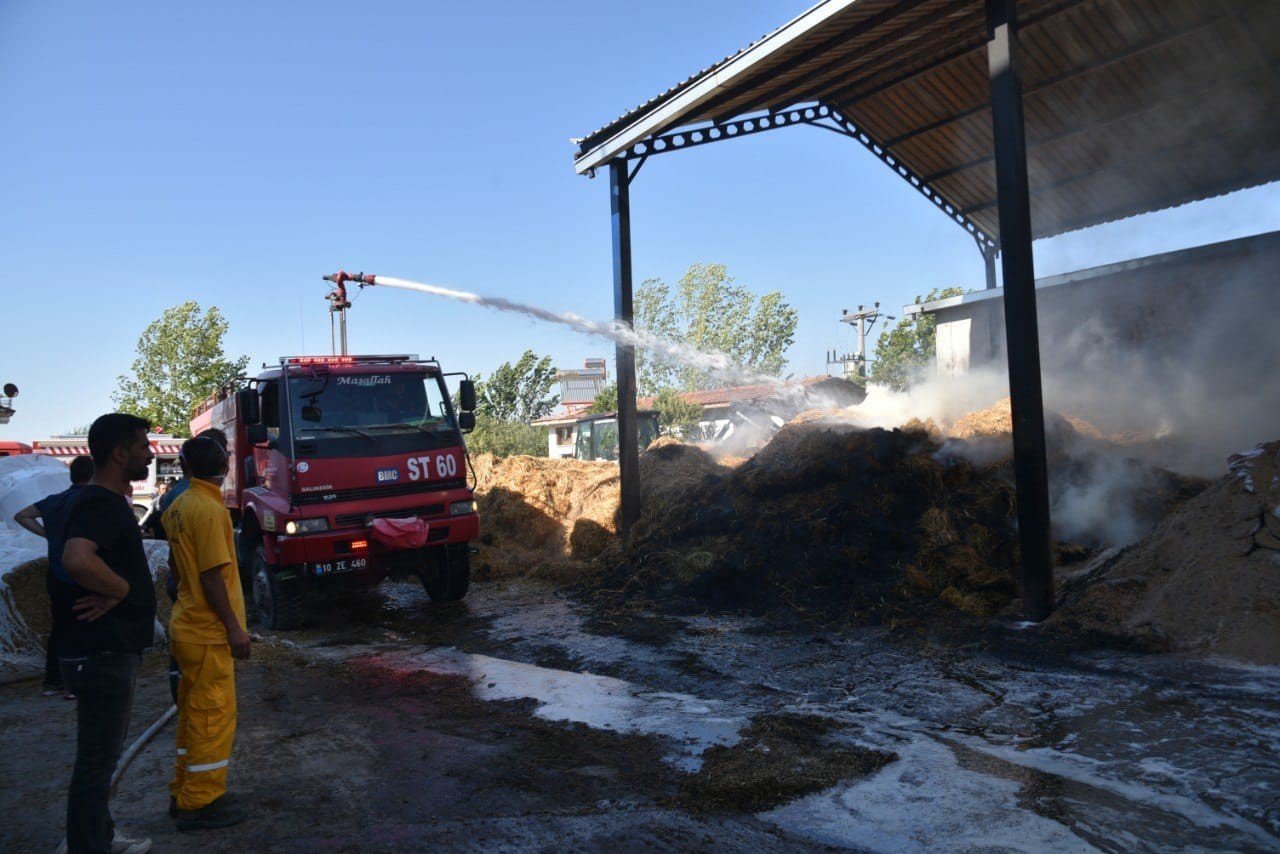Hayvan çiftliğindeki saman yangını korkuttu
