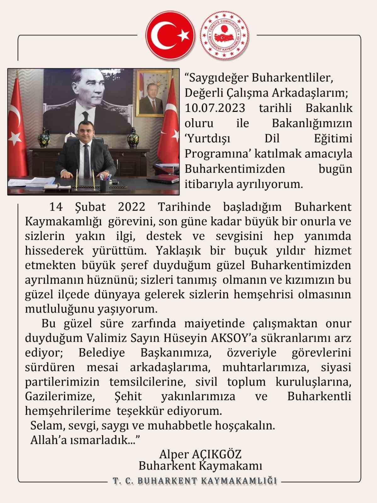 Kaymakam Açıkgöz Buharkent’e veda etti