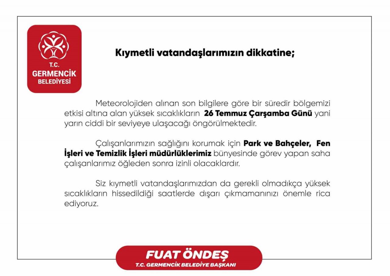 Germencik Belediyesi’nden saha personeline ’sıcaklık’ izni