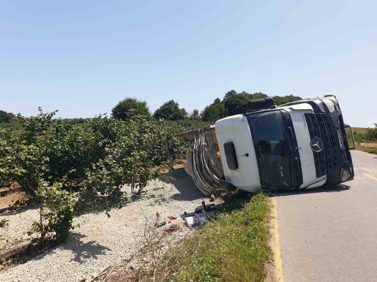 Kontrolden çıkan kamyon devrildi, sürücüsü yaralandı