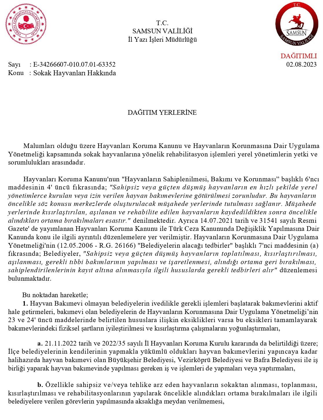 Samsun Valiliği’nden ‘sokak hayvanları’ kararı