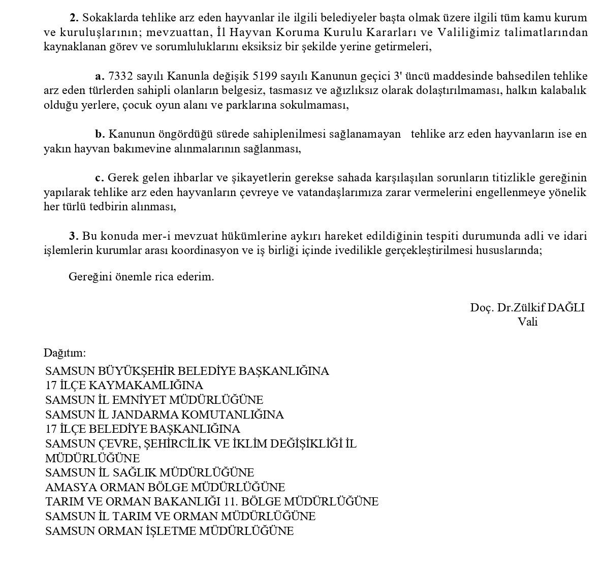 Samsun Valiliği’nden ‘sokak hayvanları’ kararı