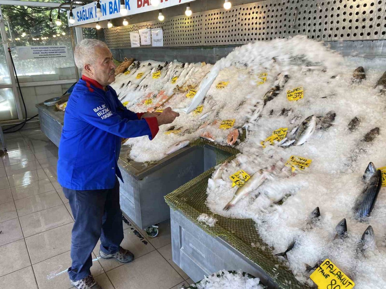 Sıcak havalarda balıklar tezgahta buzla korunuyor