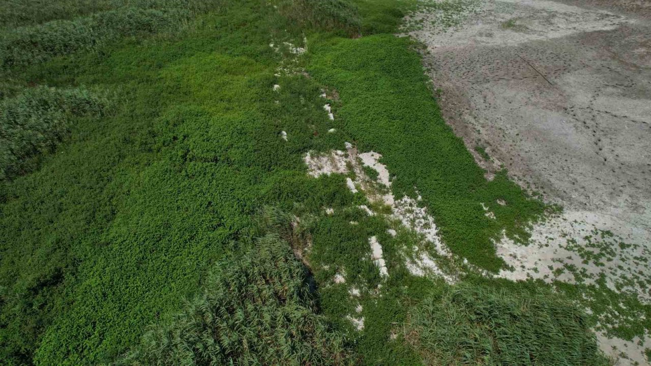 Suların çekildiği Terkos Gölü’nde ortaya çıkan tarihi yol havadan görüntülendi