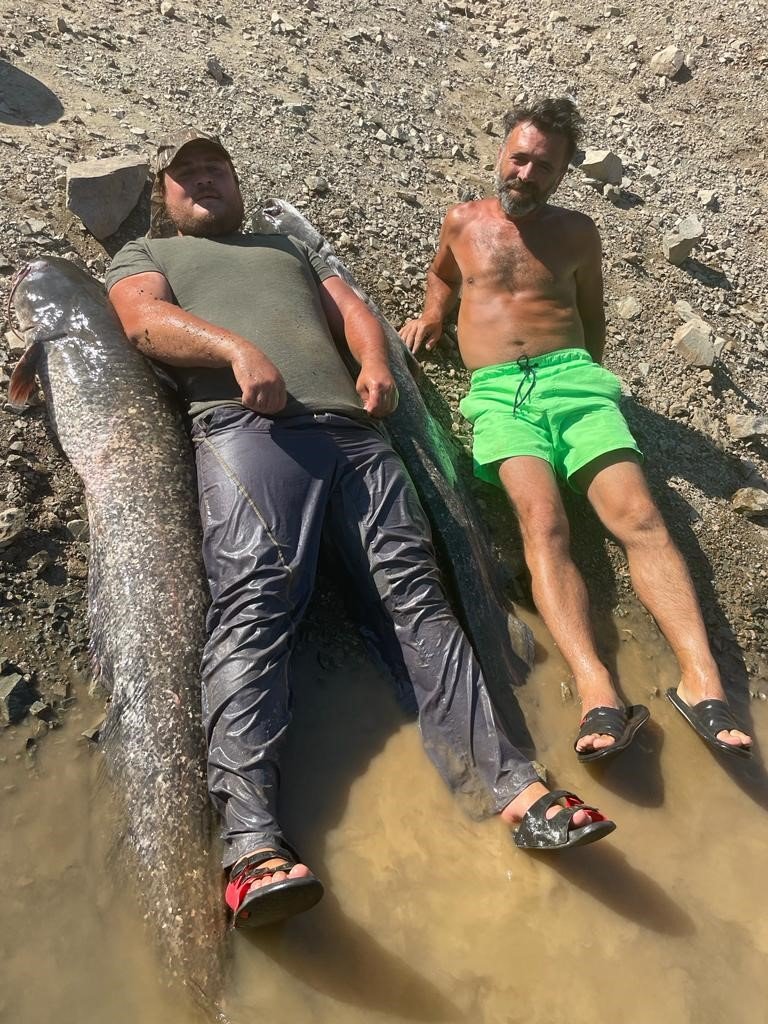 Hobi balıkçılarından olta ile 2 metrelik kedi balığı avı