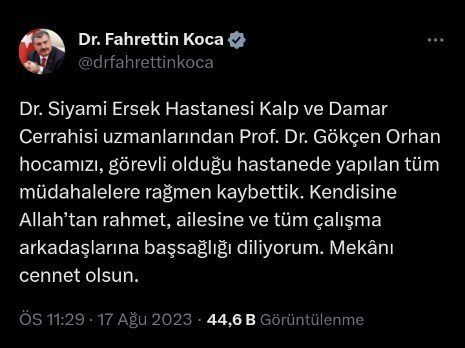 Sağlık Bakanı Fahrettin Koca, Prof. Dr. Gökçen Orhan için taziye mesajı yayınladı