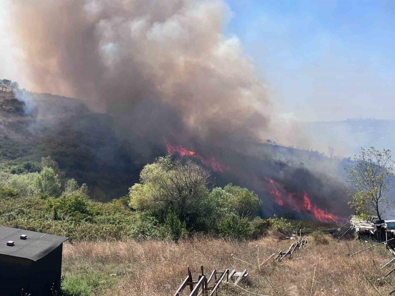 Büyükçekmece’de yüzlerce dönümlük alan küle dönerken alanda soğutma çalışmaları sürüyor