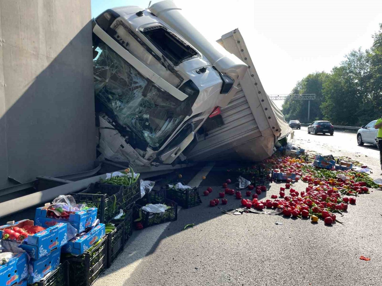 TEM’de lastiği patlayan tır köprü ayağına çarptı, zincirleme kaza beraberinde geldi