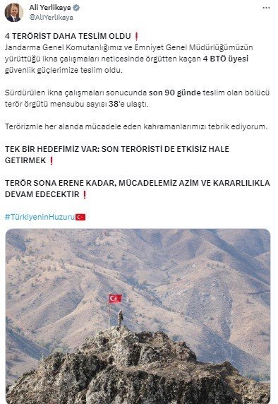 Bakan Yerlikaya: “Örgütten kaçan 4 BTÖ üyesi güvenlik güçlerimize teslim oldu"