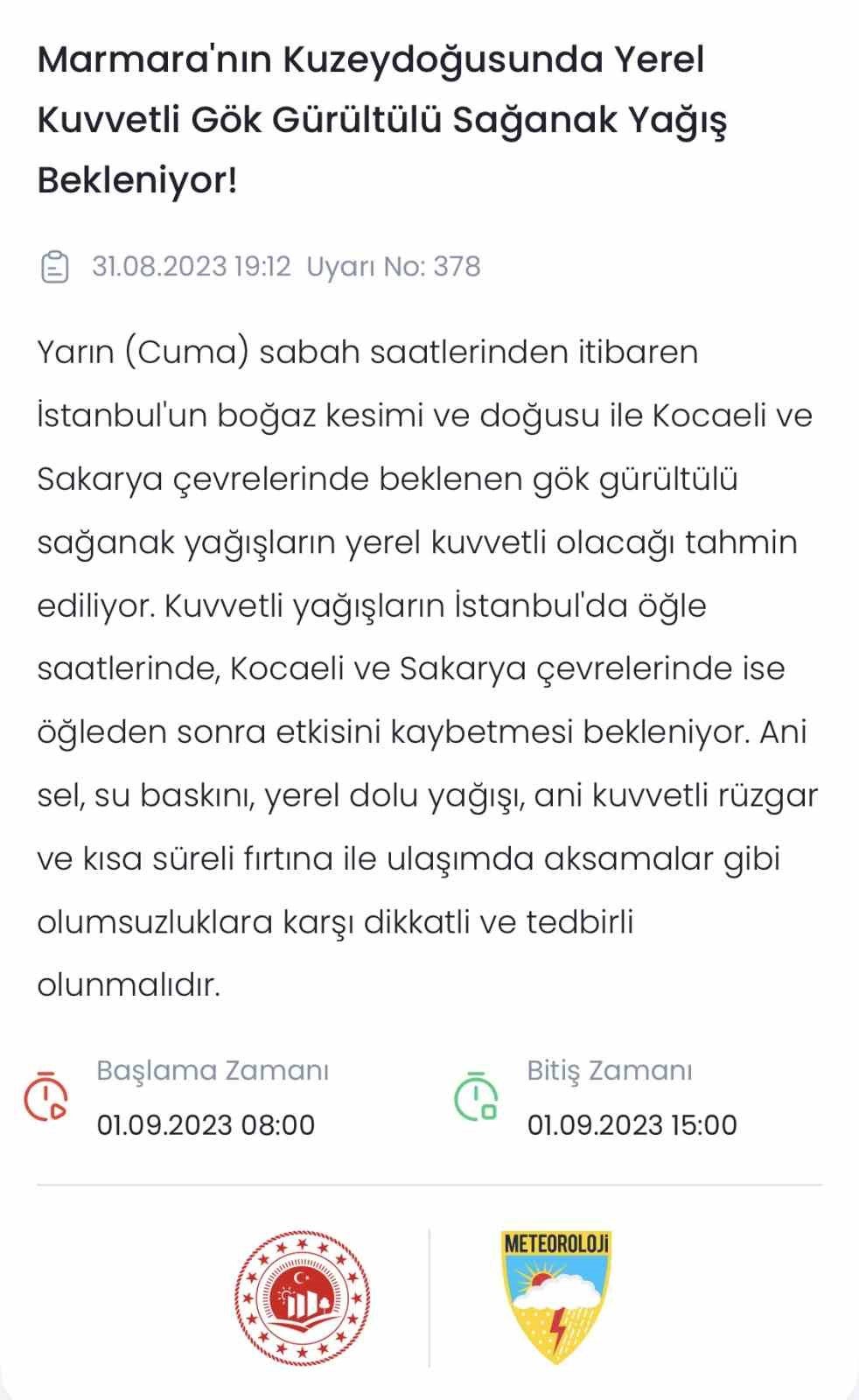 Sakarya’da sağanak uyarısı