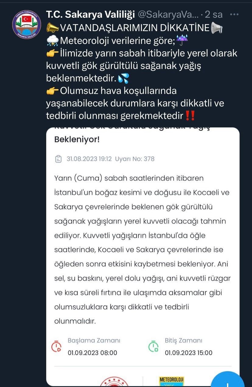 Sakarya’da sağanak uyarısı