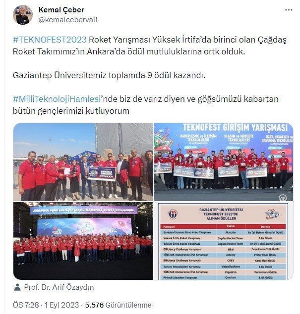 Vali Çeber GAÜN takımlarını Teknofest başarılarından dolayı kutladı
