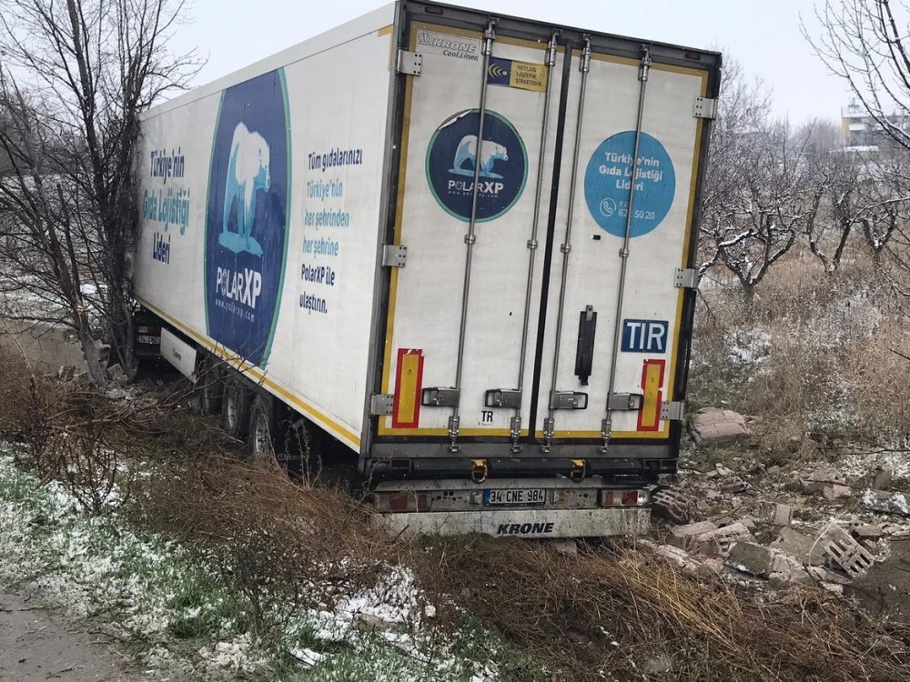 Duvarı yıkan tır ağaçlara çarparak durdu