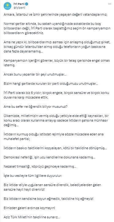 İstanbul, Ankara ve İzmir'de İYİ Parti’ye ’billboard engeli’