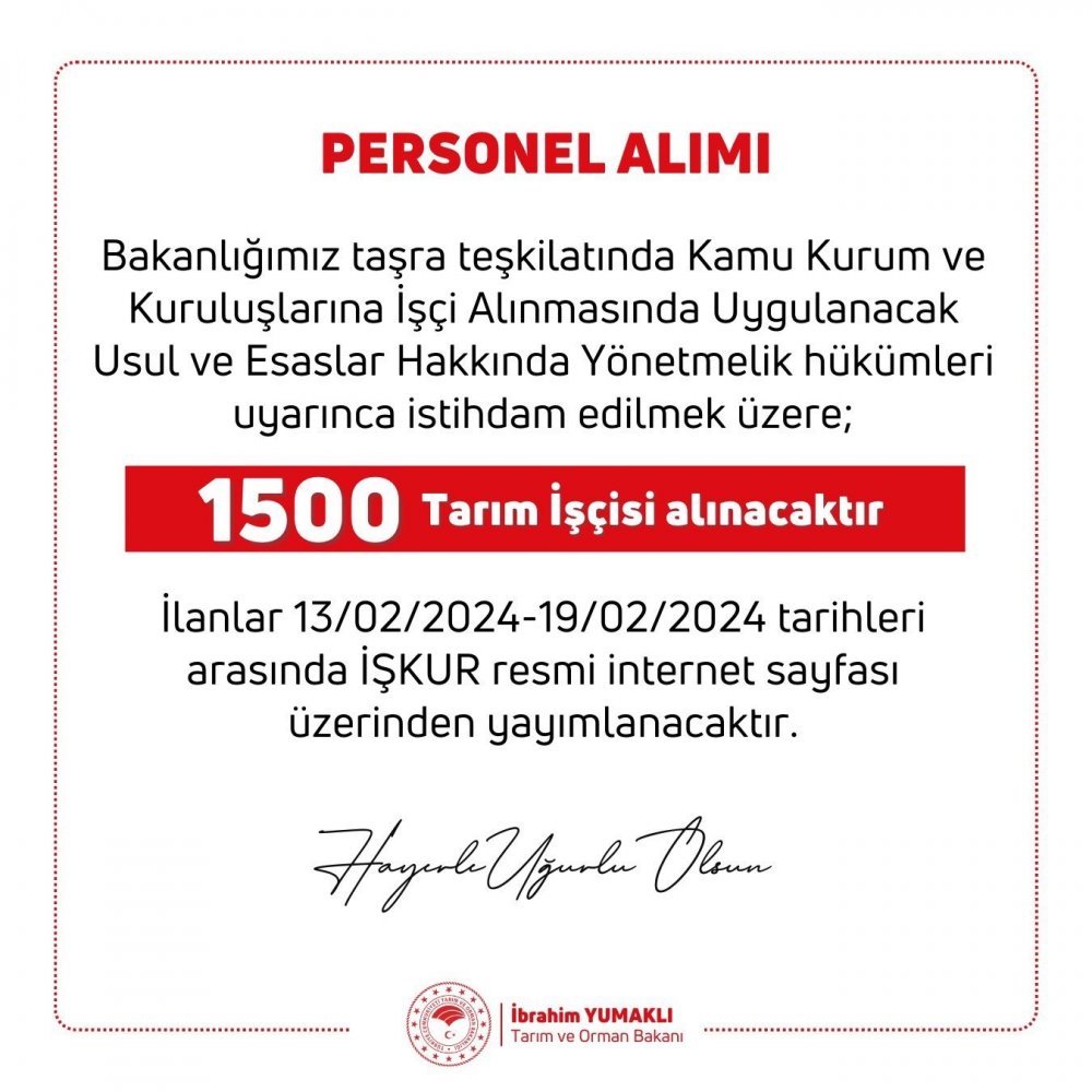 Tarım ve Orman Bakanlığı bin 500 işçi alacak: İşte detaylar