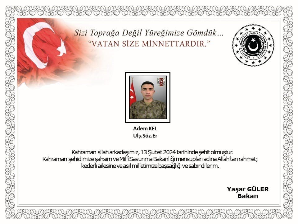 Hatay’ın şehidi var: Sözleşmeli Er Adem Kel'in baba evine acı haber verildi