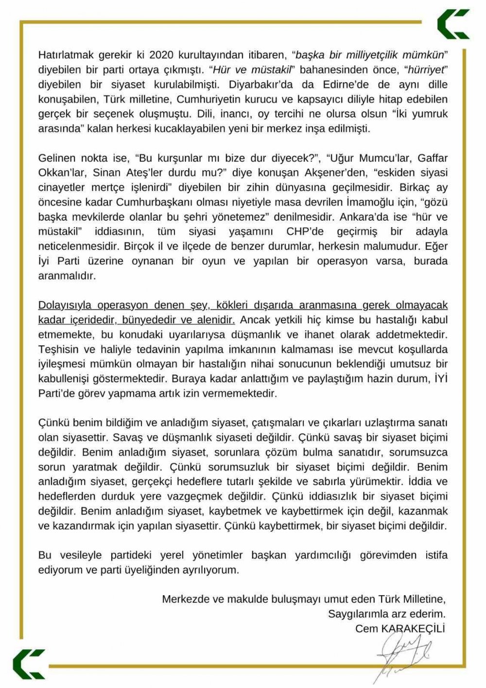 İYİ Parti Genel Başkan Yardımcısı Cem Karakeçili partiden istifa etti