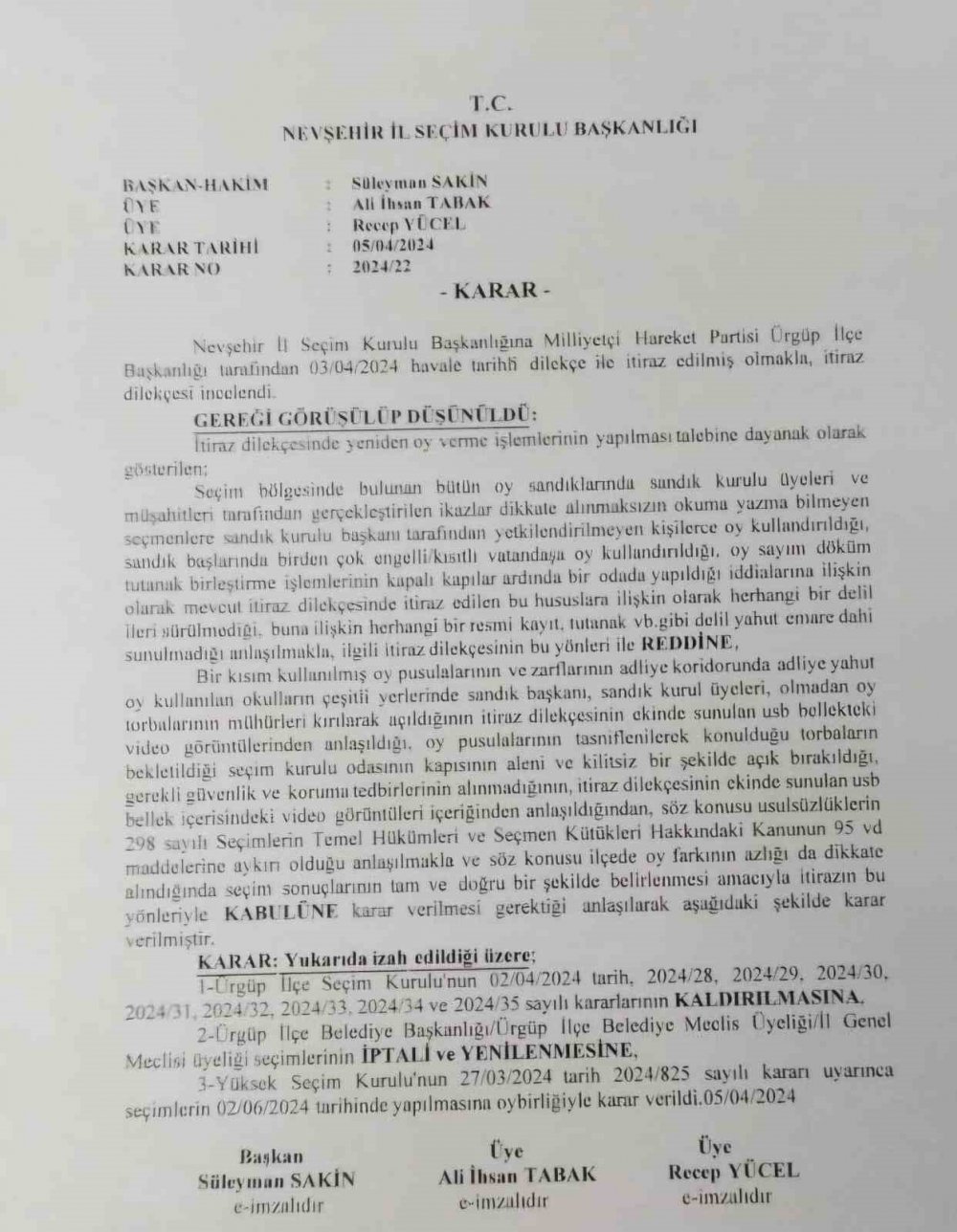 Ürgüp’te seçim tekrarlanacak