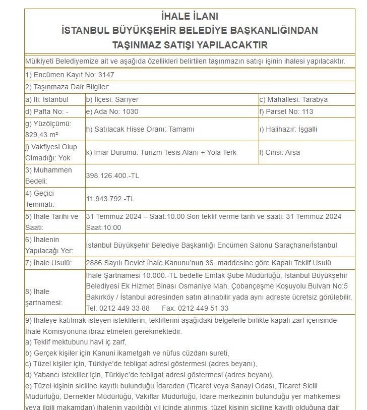 İBB'den Dev Satış: Boğaz Manzaralı Arsa 398 Milyon TL Bedelle Satışa Çıkarılıyor