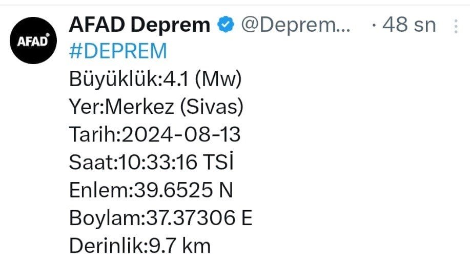 Sivas'ta 4.1 Büyüklüğünde Deprem Meydana Geldi