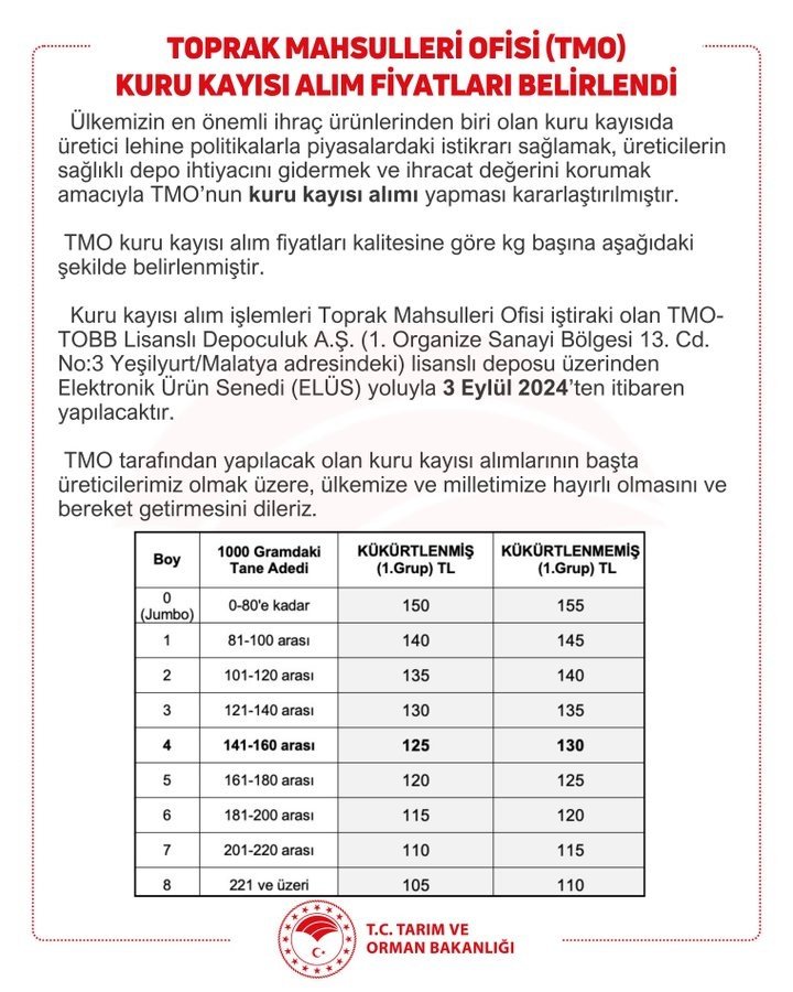 Toprak Mahsulleri Ofisi, Kuru Kayısı Alımına Başlıyor