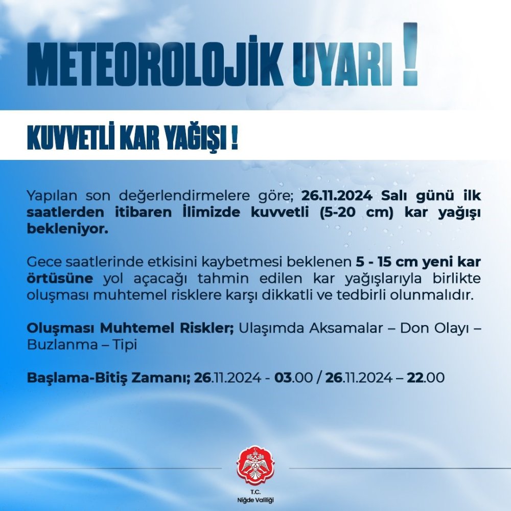 Niğde'de 20 santim kar bekleniyor