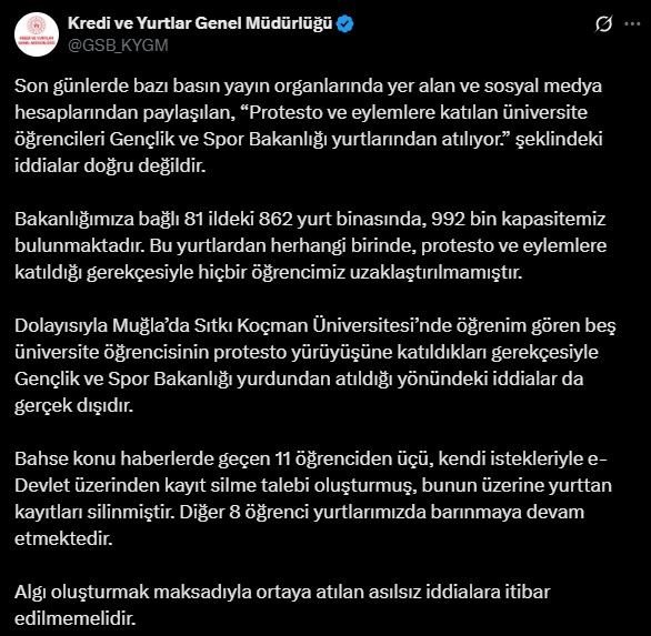 'Eylemlere katılan gençler yurttan atıldı' iddiasına KYK’dan yalanlama