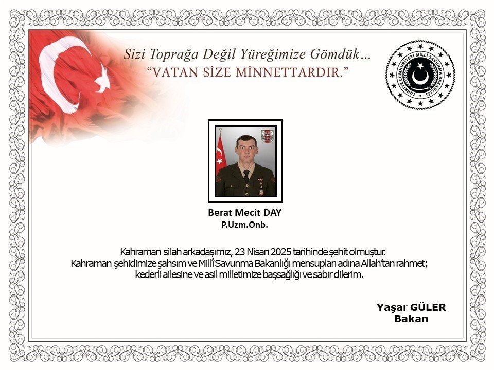 Pençe-Kilit'ten acı haber: Uzman Onbaşı Berat Mecit Day şehit oldu
