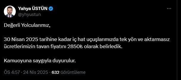 THY’den İç Hat Uçuşlarına Yeni Tavan Fiyat